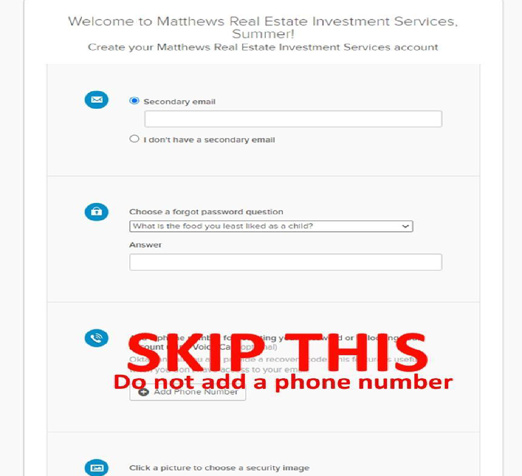 Account setup — skip phone number