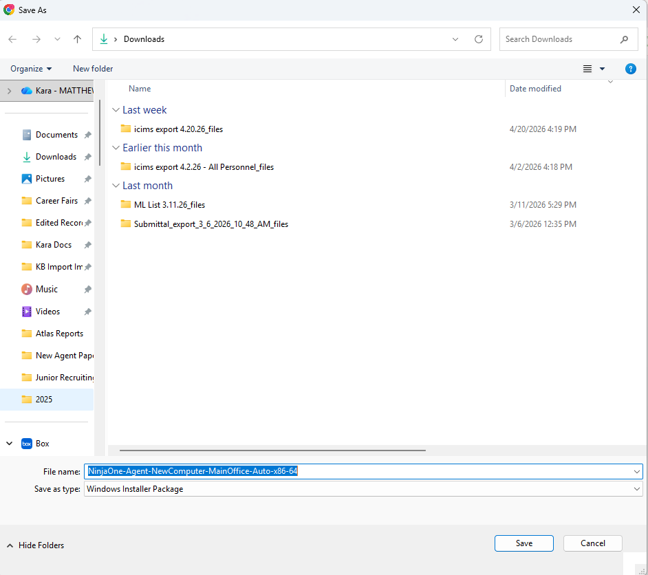Windows Save As dialog with the NinjaOne installer file name selected and the Save button highlighted in the bottom right.