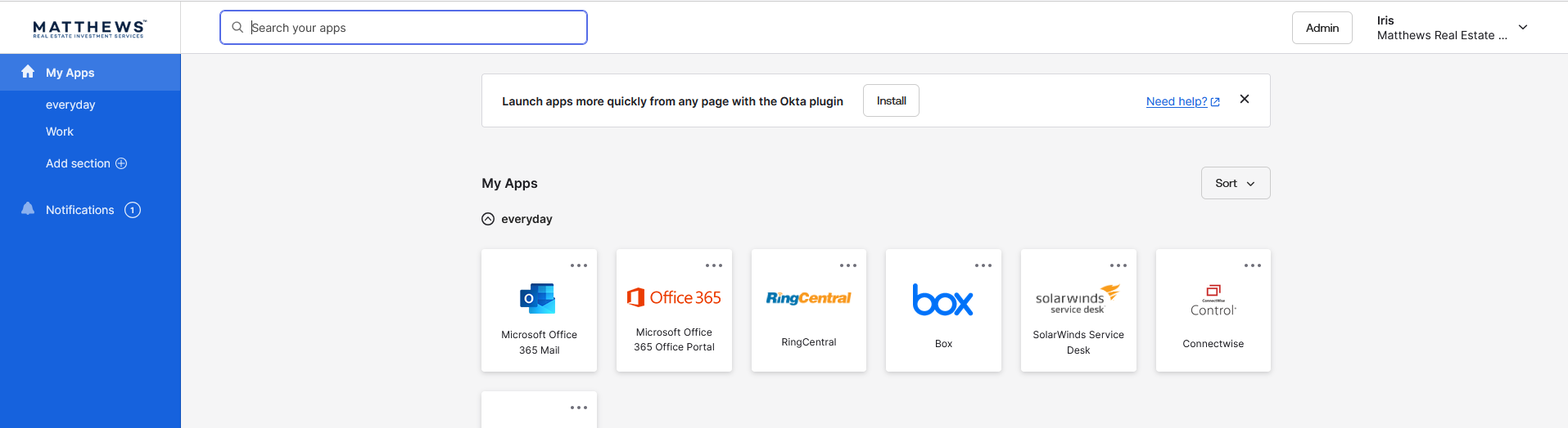 Okta dashboard — everyday apps