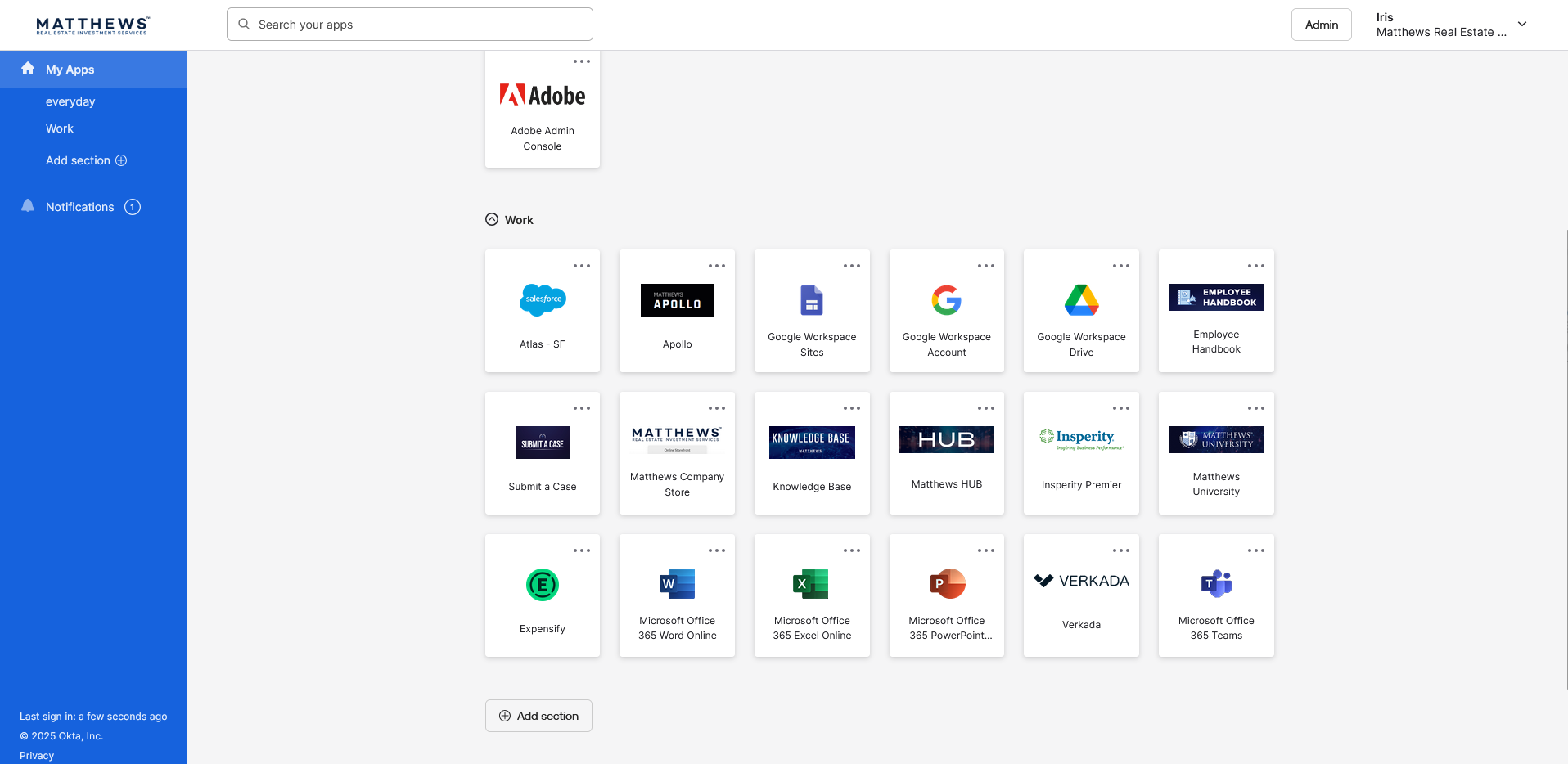 Okta dashboard — Work apps